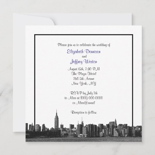 NYC Wide Skyline Etched BW Navy Blue Wedding SQ Einladung (Rückseite)