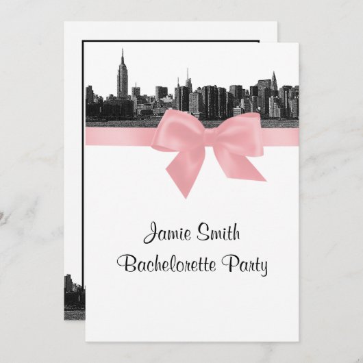NYC Wide Skyline Etched BW Pink Junggeselinnen-Abs Einladung (Vorne/Hinten)