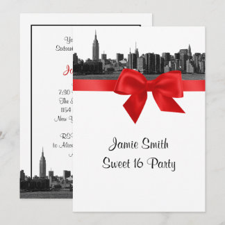 NYC Wide Skyline Etched BW Red 16 . Geburtstag Einladung