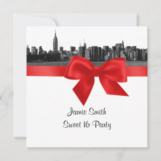 NYC Wide Skyline Etched BW Red 16 . Geburtstag SQ Einladung