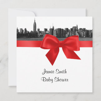 NYC Wide Skyline Etched BW Red Baby Shooter SQ Einladung