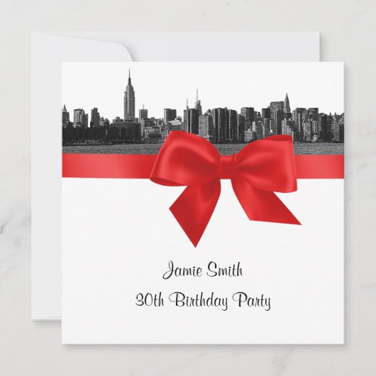 NYC Wide Skyline Etched BW Red Birthday Party SQ Einladung (Vorderseite)