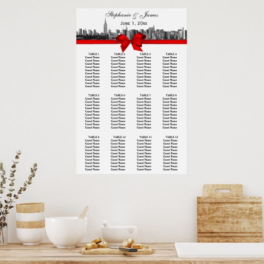 NYC Wide Skyline Etched BW Red Bow Poster (Küche)