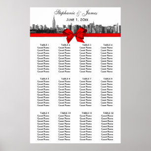 NYC Wide Skyline Etched BW Red Bow Poster