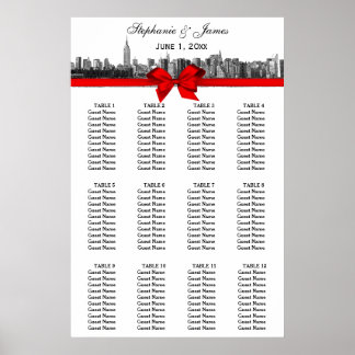 NYC Wide Skyline Etched BW Red Bow Poster