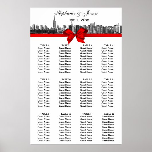 NYC Wide Skyline Etched BW Red Bow Poster (Vorne)