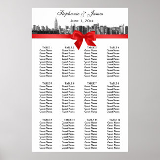NYC Wide Skyline Etched BW Red Bow Poster