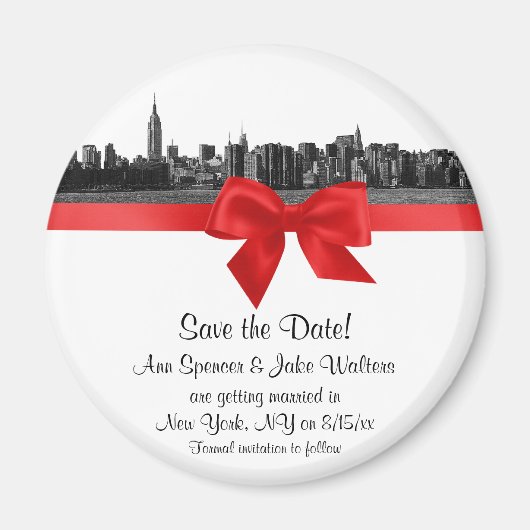 NYC Wide Skyline Etched BW Red Save the Date R Magnet (Vorne)