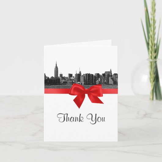 NYC Wide Skyline Etched BW Red Vielen Dank Dankeskarte (Vorderseite)