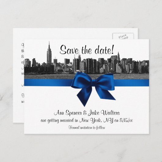 NYC Wide Skyline Etched BW Royal Blu Save the Date Ankündigungspostkarte (Vorne/Hinten)