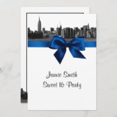 NYC Wide Skyline Etched BW Royal Blue Sweet 16 Einladung (Vorne/Hinten)