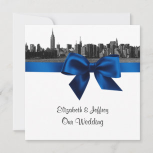 NYC Wide Skyline Etched BW Royal Blue Wedding SQ Einladung