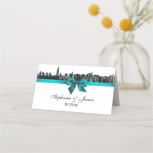 NYC Wide Skyline Etched BW TealWedding Escort Card Platzkarte