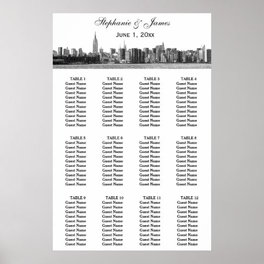NYC Wide Skyline Etched BW Wedding Poster (Vorne)