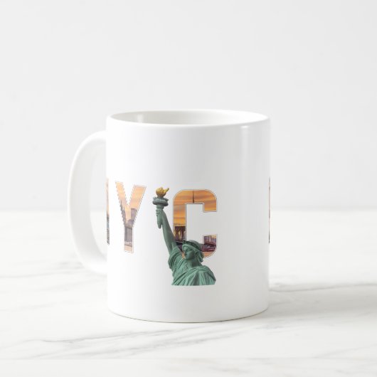 NYC Word Art mit Freiheitsstatue Skyline Tasse (Vorderseite Links)