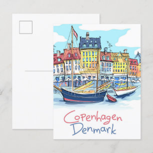 Nyhavn Copenhagen Denmark Illustration Travel Postkarte