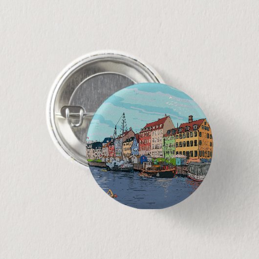 Nyhavn Copenhagen Denmark Whimsical Lustration Button (Vorne & Hinten)