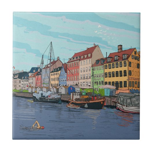 Nyhavn Copenhagen Denmark Whimsical Lustration Fliese (Vorderseite)