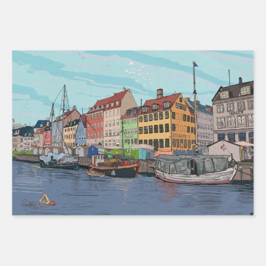 Nyhavn Copenhagen Denmark Whimsical Lustration Geschenkpapier Set (Vorderseite 2)