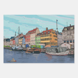 Nyhavn Copenhagen Denmark Whimsical Lustration Geschenkpapier Set