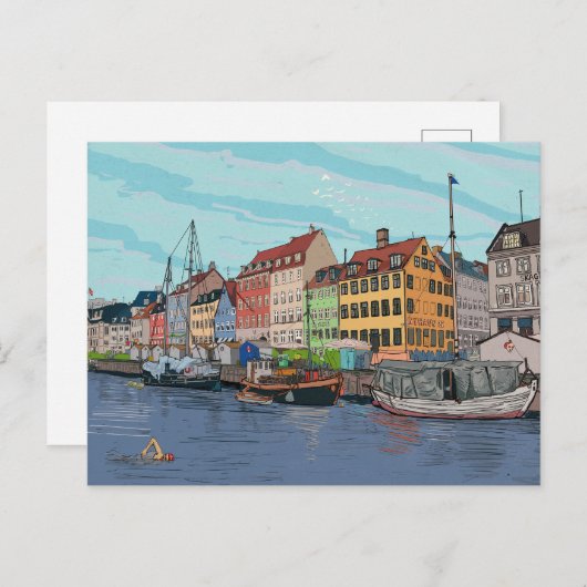 Nyhavn Copenhagen Denmark Whimsical Lustration Postkarte (Vorne/Hinten)