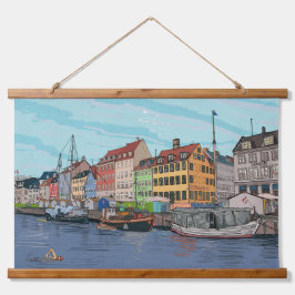 Nyhavn Copenhagen Denmark Whimsical Lustration Wandteppich Mit Holzrahmen