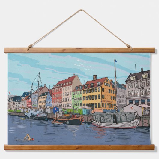 Nyhavn Copenhagen Denmark Whimsical Lustration Wandteppich Mit Holzrahmen (Vorne)