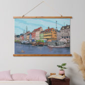 Nyhavn Copenhagen Denmark Whimsical Lustration Wandteppich Mit Holzrahmen (Schlafzimmer)
