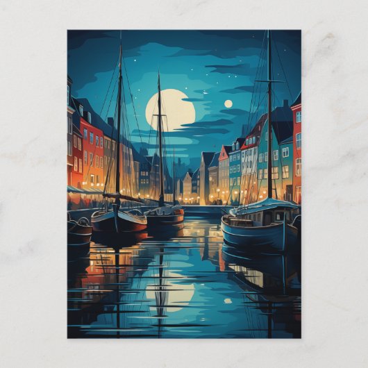 Nyhavn Copenhagen Moonlit Canal Night Postkarte (Vorderseite)