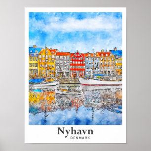 Nyhavn Dänemark Aquarell Handgezeichnet Poster