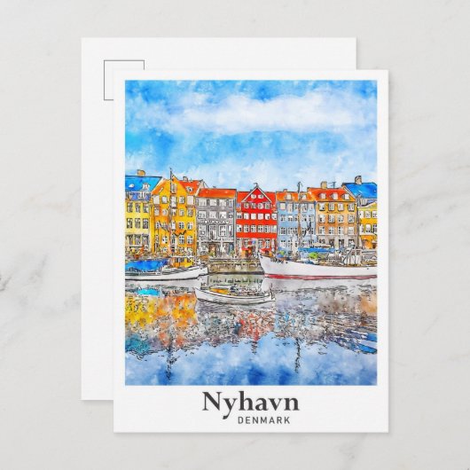 Nyhavn Denmark Watercolor Hand Drawn Postkarte (Vorne/Hinten)
