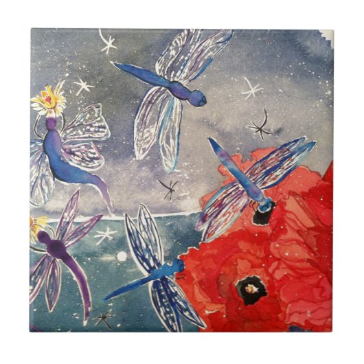 Nymphen und Libellen-Aquarell-Malerei Fliese (Vorderseite)