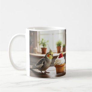Nymphensittich mit einem Erdbeeren-Cupcake Haustie Kaffeetasse