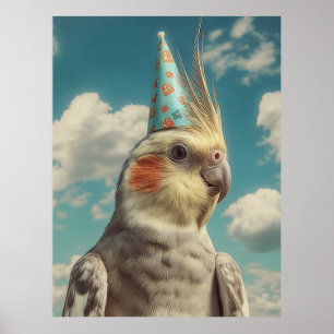 Nymphensittich mit Geburtstagshut vor blauem Himme Poster