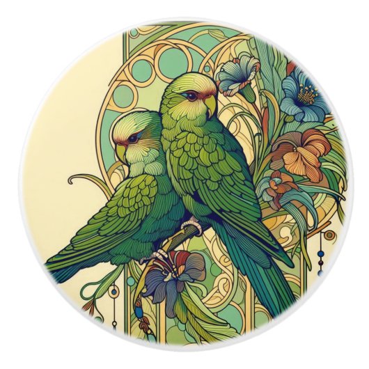 NZ Birds Kakariki Art Nouveau Knopf Keramikknauf (Vorderseite)