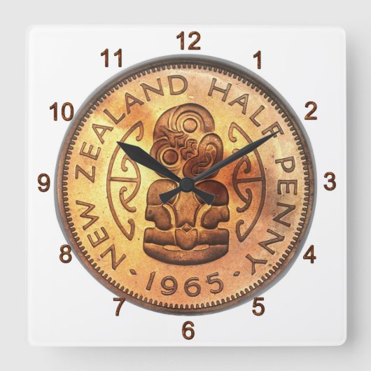 NZ Neuseeland Half Penny Tiki Clock Quadratische Wanduhr (Vorderseite)
