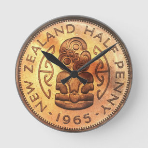 NZ New Zealand Half Penny Tiki Clock Runde Wanduhr