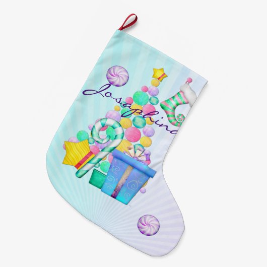 O Christmas Whimsey Folk Art Großer Weihnachtsstrumpf (Vorderansicht (hängend))