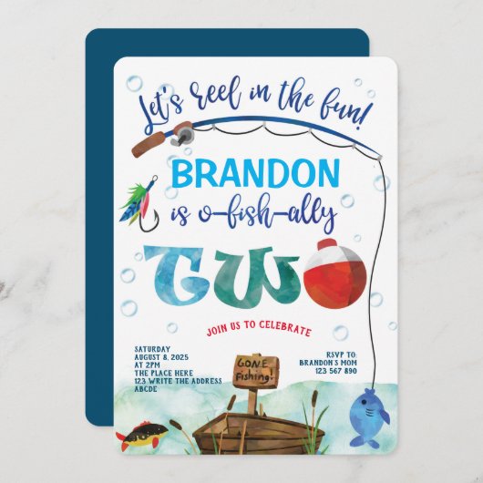 O-Fisch-Ally, Little Fisherman, Angeln 2. Birthda Einladung (Vorne/Hinten)