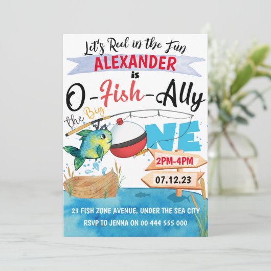 O-Fish-Ally Big One Fishing 1st Birthday Boy Einladung (Stehend Vorderseite)