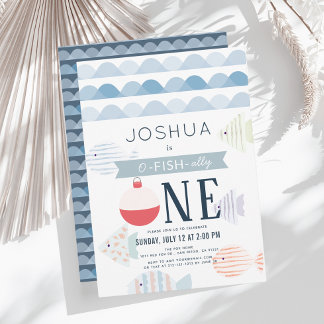 O-fish-One Fishing Boy White 1. Geburtstag Einladung