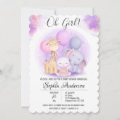 O Girl Elephant Giraffe Rabbit Balloon Babydusche Einladung (Vorderseite)