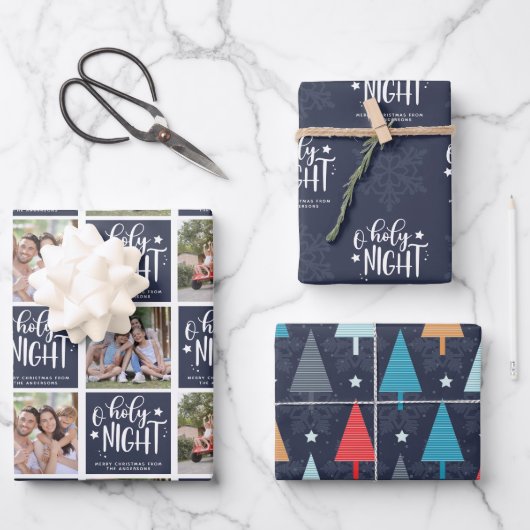 O Heilige Nacht Foto Collage Weihnachtsbaummuster Geschenkpapier Set (Vorderseite)