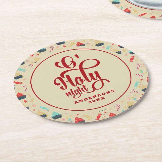 O Holly Nights Typografie & Weihnachtsmuster Runder Pappuntersetzer (Angewinkelt)