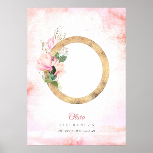 O Letter Monogram Gold Blätter Pink Magnolia Flora Poster (Vorne)
