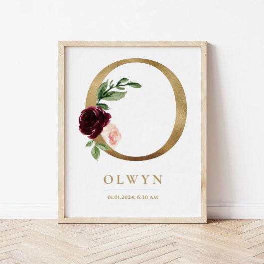 O Letter Monogram Name Marsala Floral Kinderzimmer Poster