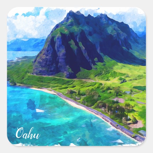 Oahu Hawaii Panorama View Beach Quadratischer Aufkleber (Vorderseite)