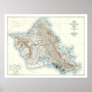 Oahu Hawaii Topographical Map 1938 Poster