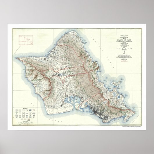 Oahu Hawaii Topographical Map 1938 Poster (Vorne)