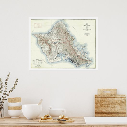Oahu Hawaii Topographical Map 1938 Poster (Küche)
